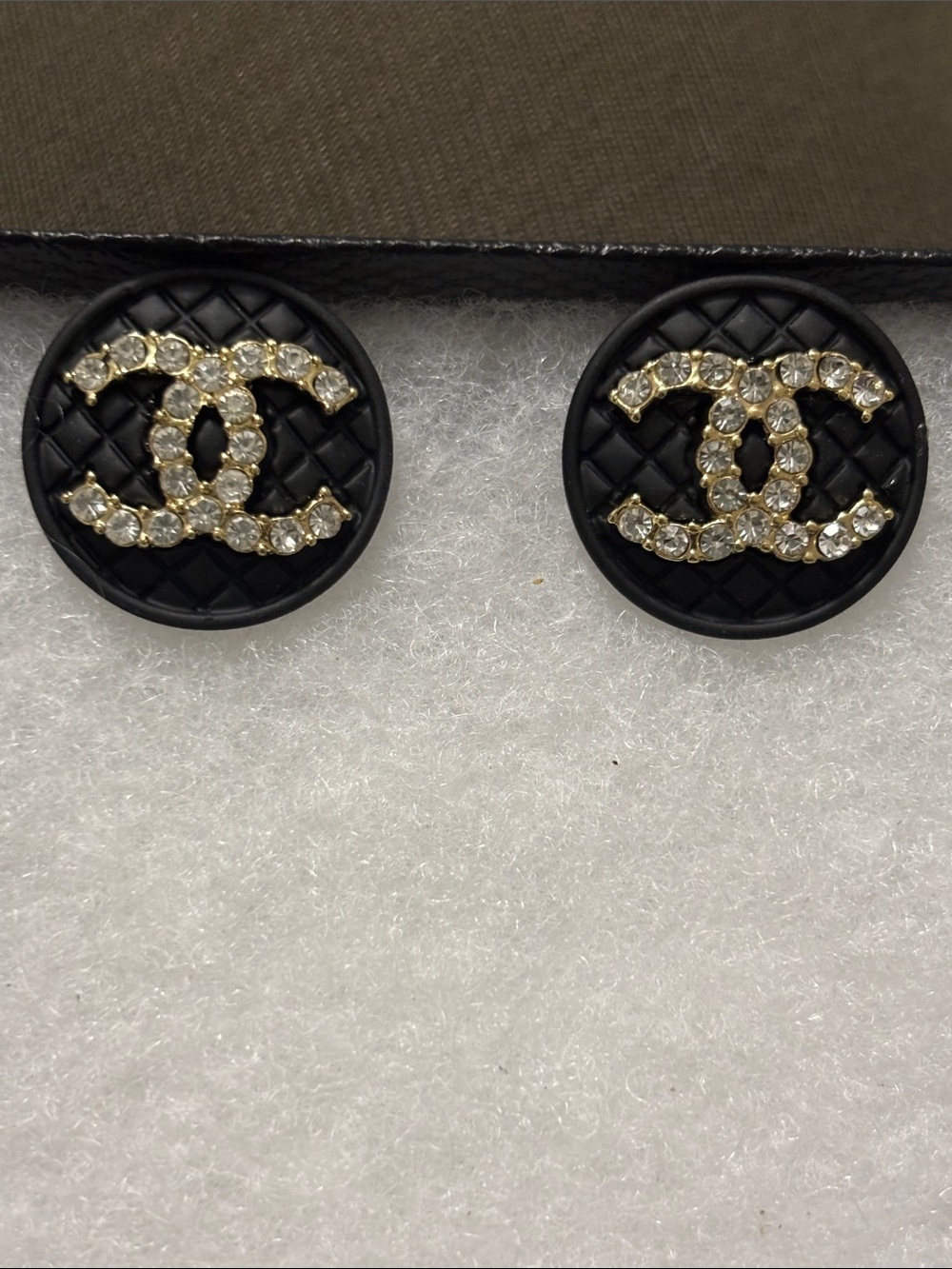 Black CC Gold & Diamond Logo Round Quilted Stud Earrings